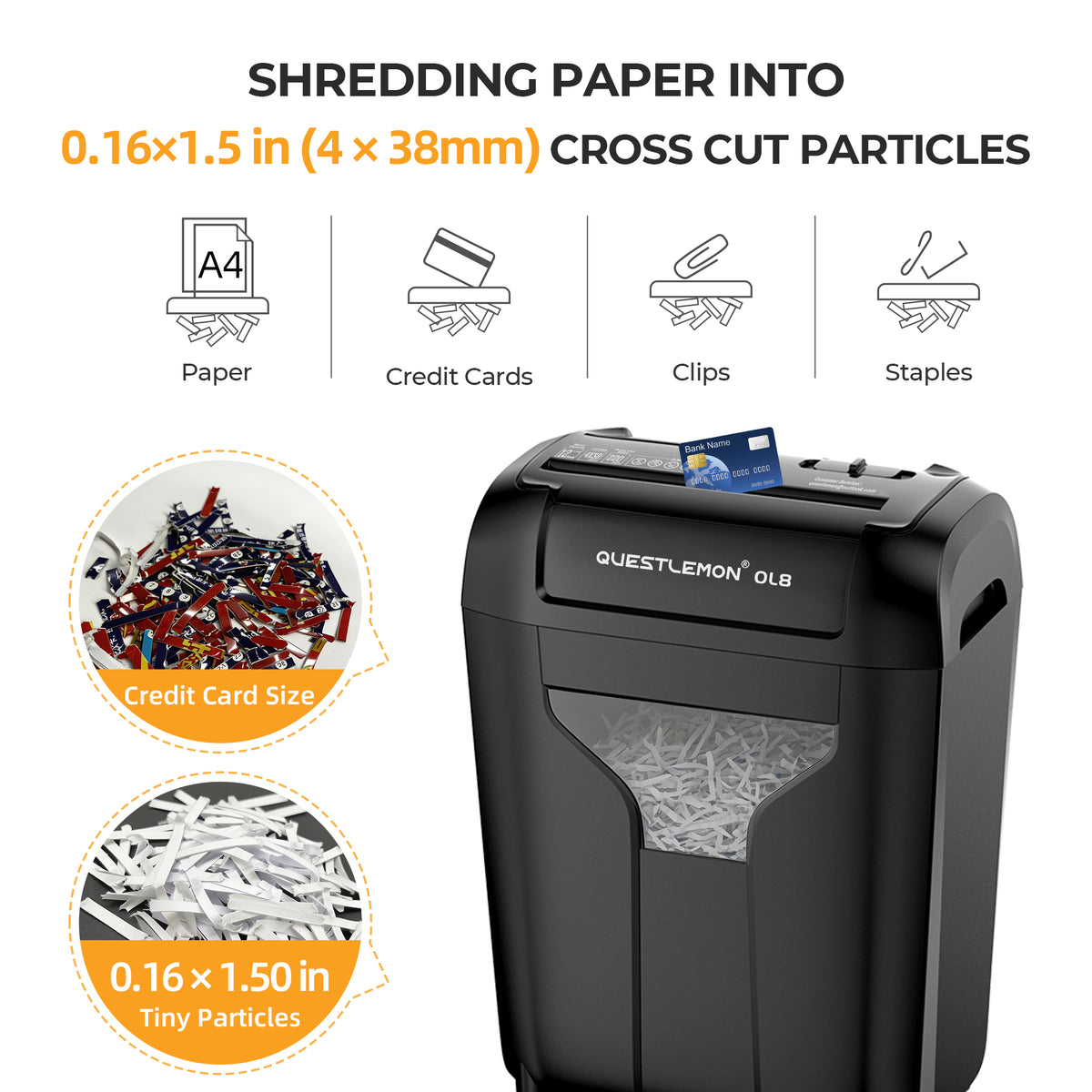 QuestLemon OL8 cross-cut shredder for paper, credit cards, paper clips and staples