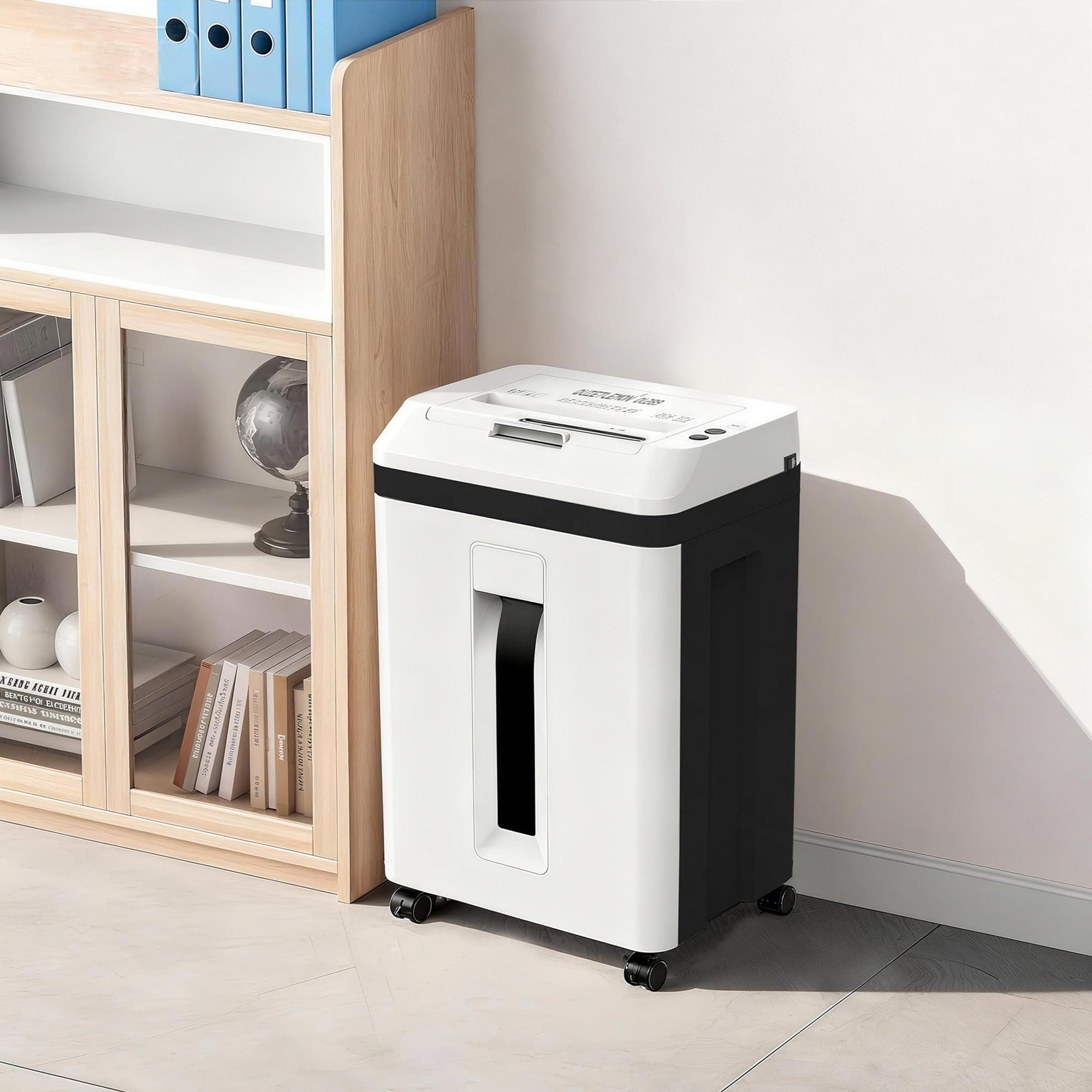 QuietLemon OL289 auto-feed paper shredder in a modern home office