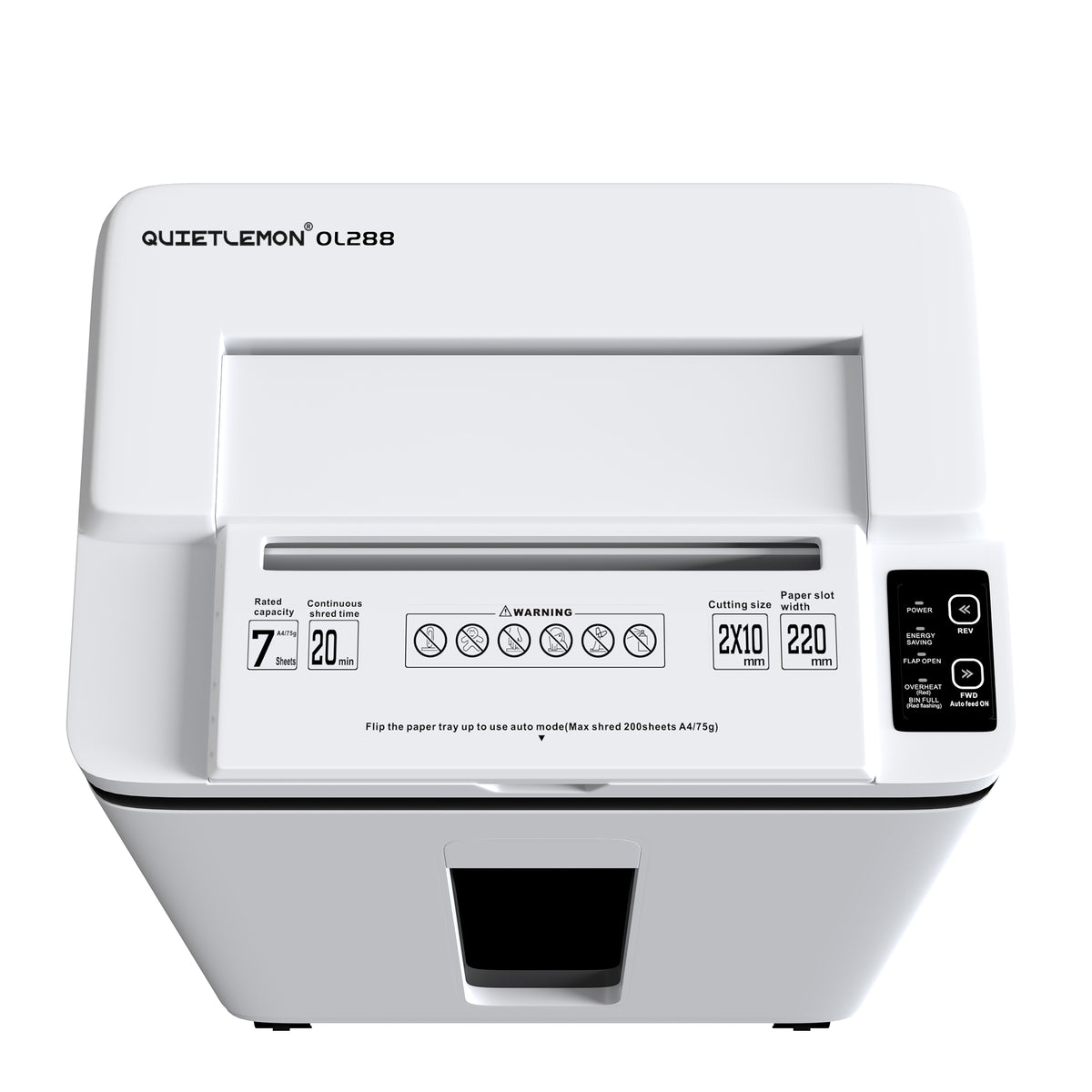 QuietLemon OL288 200-sheet auto-feed shredder front view with control panel