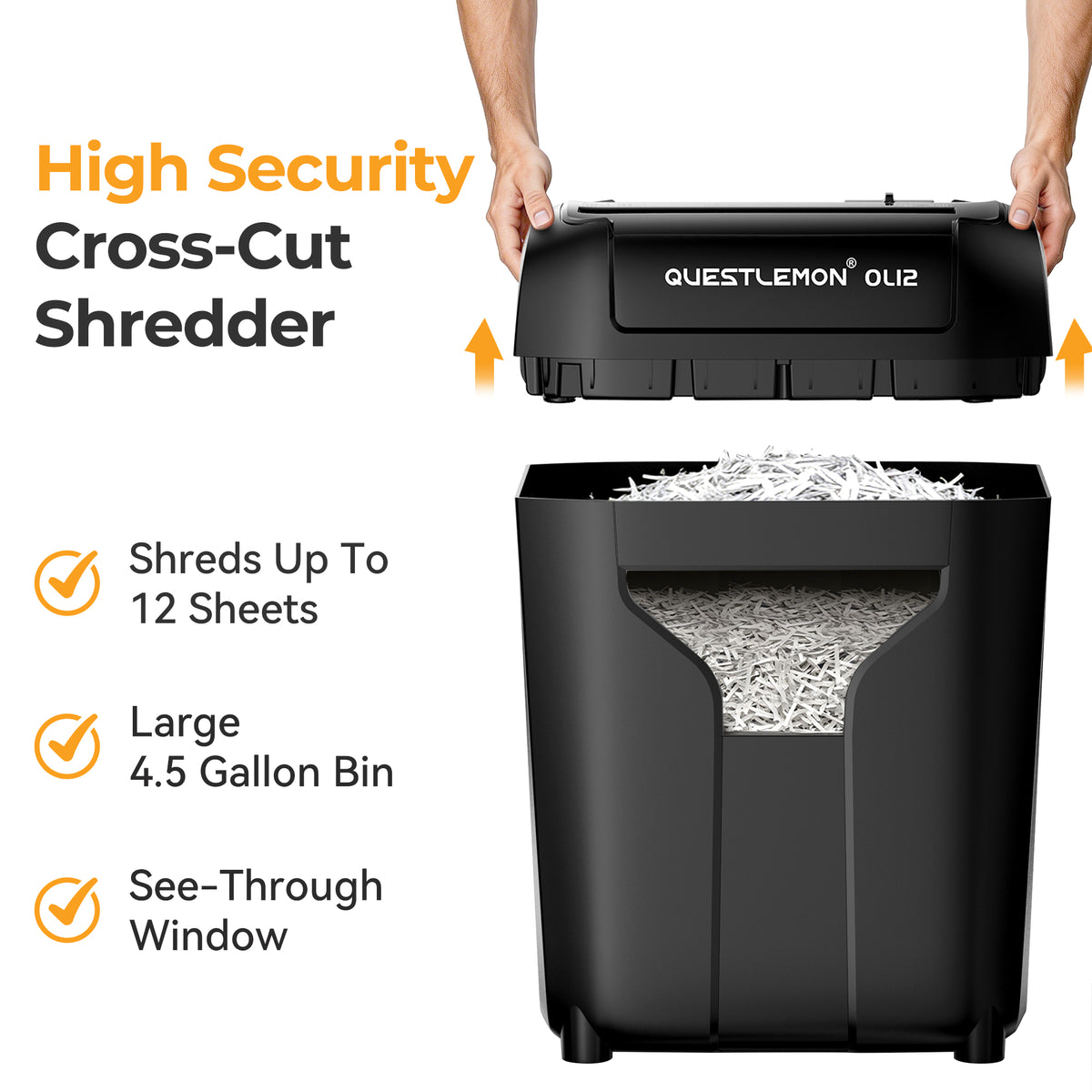 QuestLemon OL12 12-sheet cross-cut shredder with removable 4.5-gallon bin and viewing window