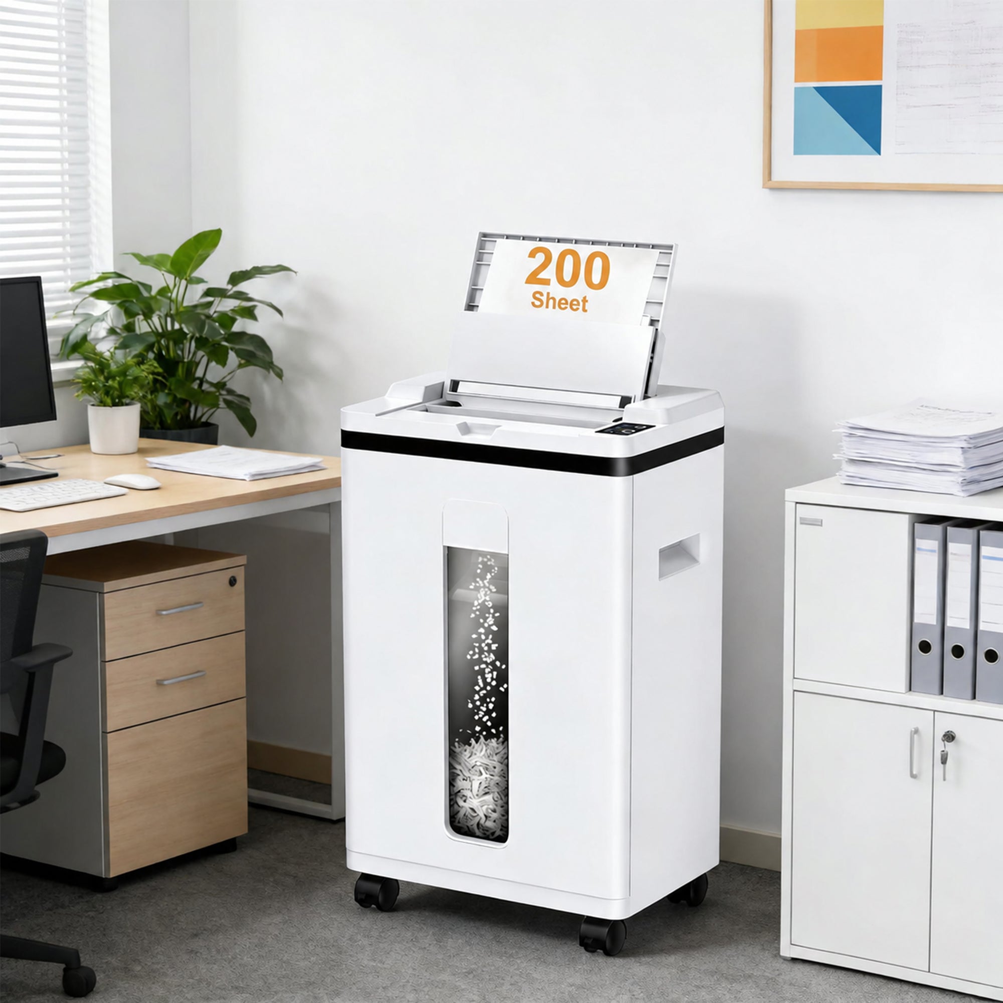 QuietLemon OL288 200-sheet auto-feed paper shredder in a modern office