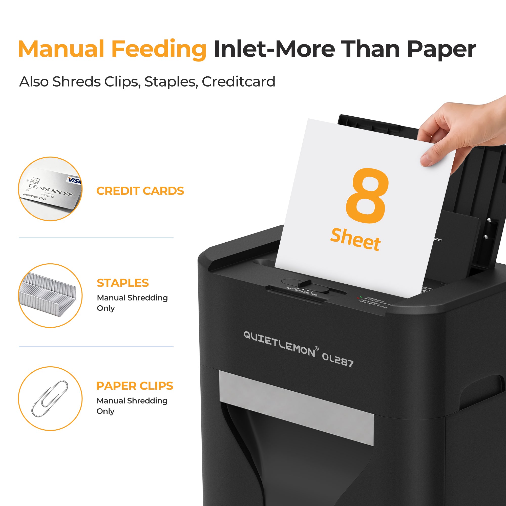 QuietLemon OL287 manual-feed shredder for up to 8 sheets, credit cards, staples and paper clips