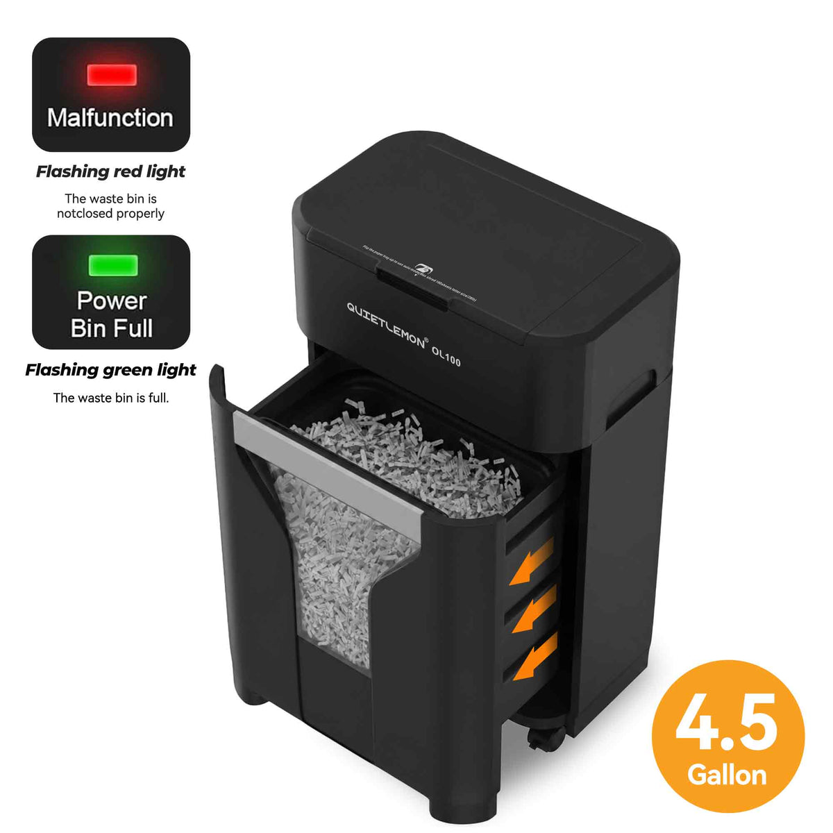 QuietLemon OL100 4.5-gallon waste bin with bin-full and malfunction indicators