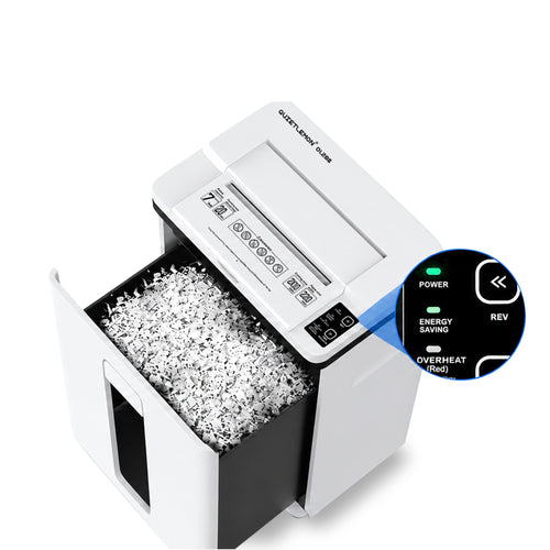 QuietLemon OL288 micro-cut shredder with open waste bin and power, energy-saving and overheat indicators