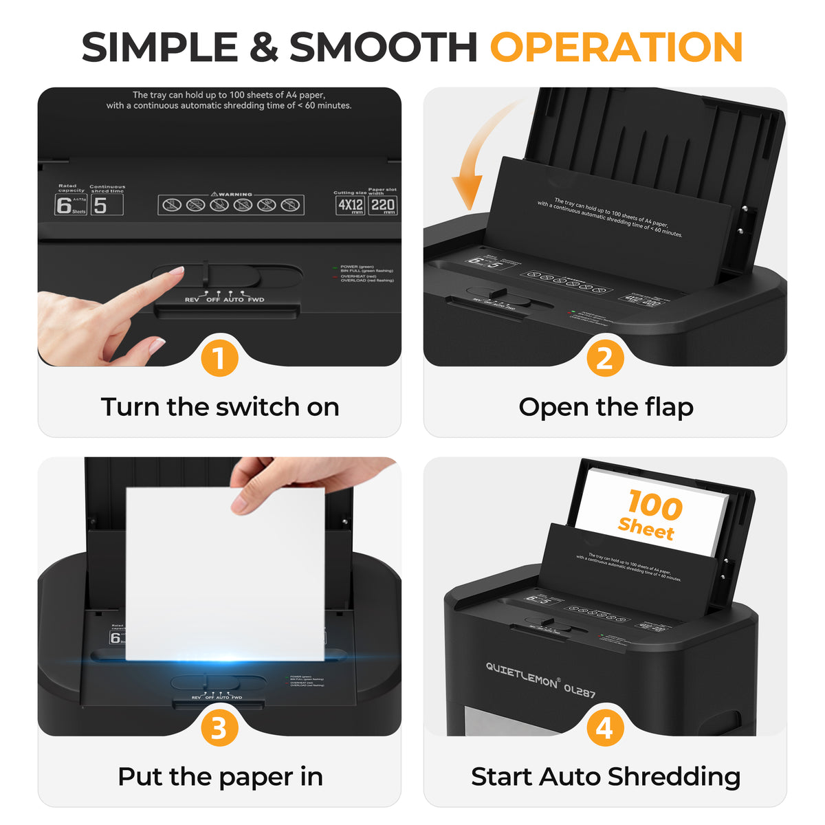 QuietLemon OL287 four-step auto-feed shredding operation guide