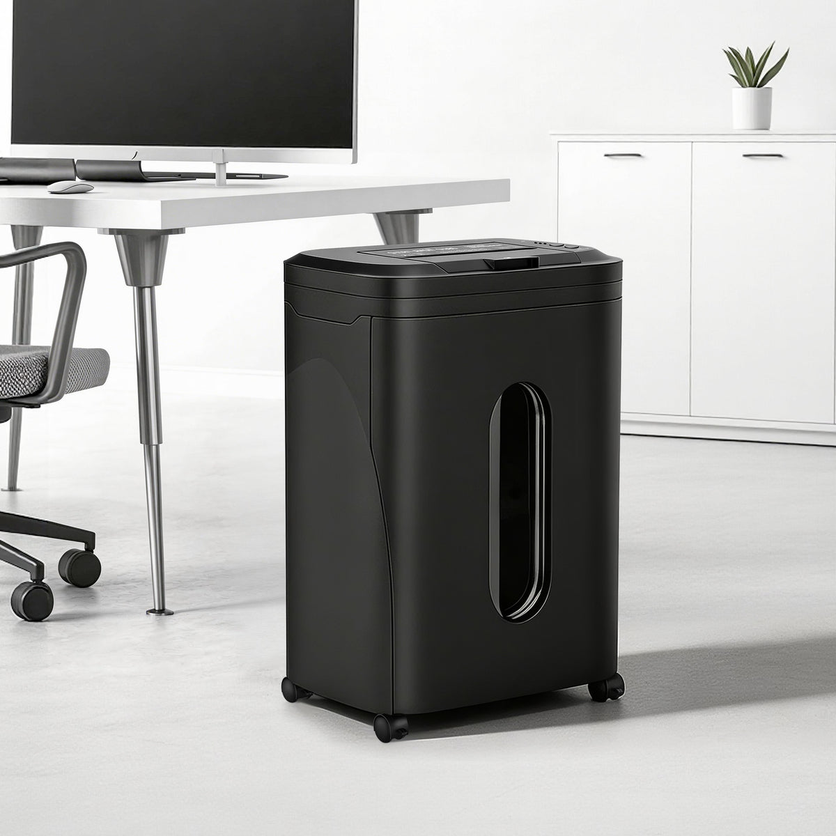 QuietLemon OL380 250-sheet auto-feed paper shredder in a modern office