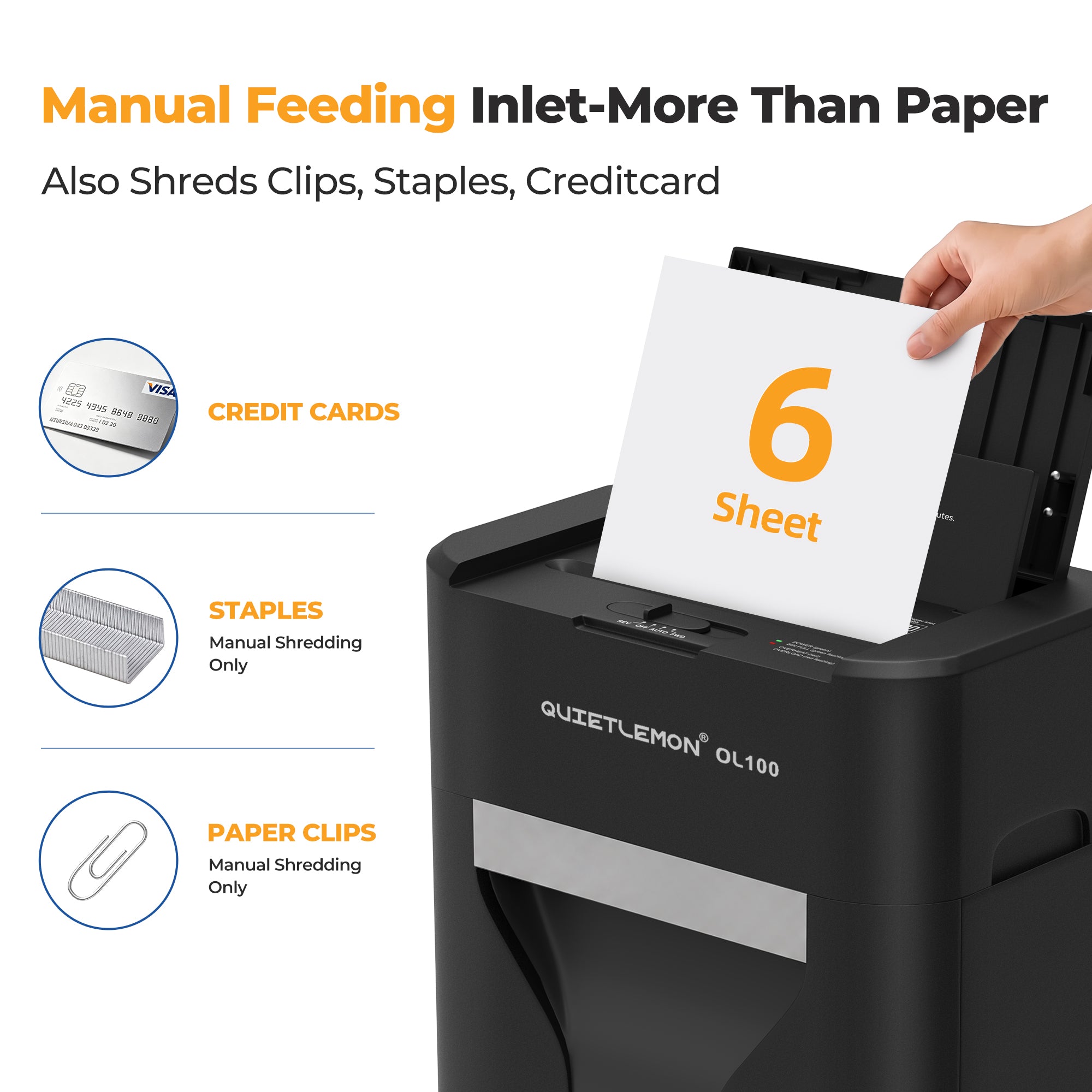 QuietLemon OL100 manual-feed shredder for up to 6 sheets, credit cards, staples and paper clips