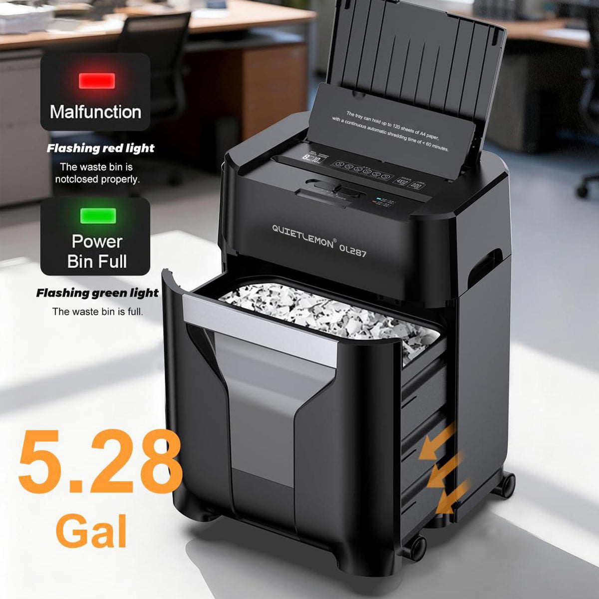 QuietLemon OL287 5.28-gallon waste bin with bin-full and malfunction indicators