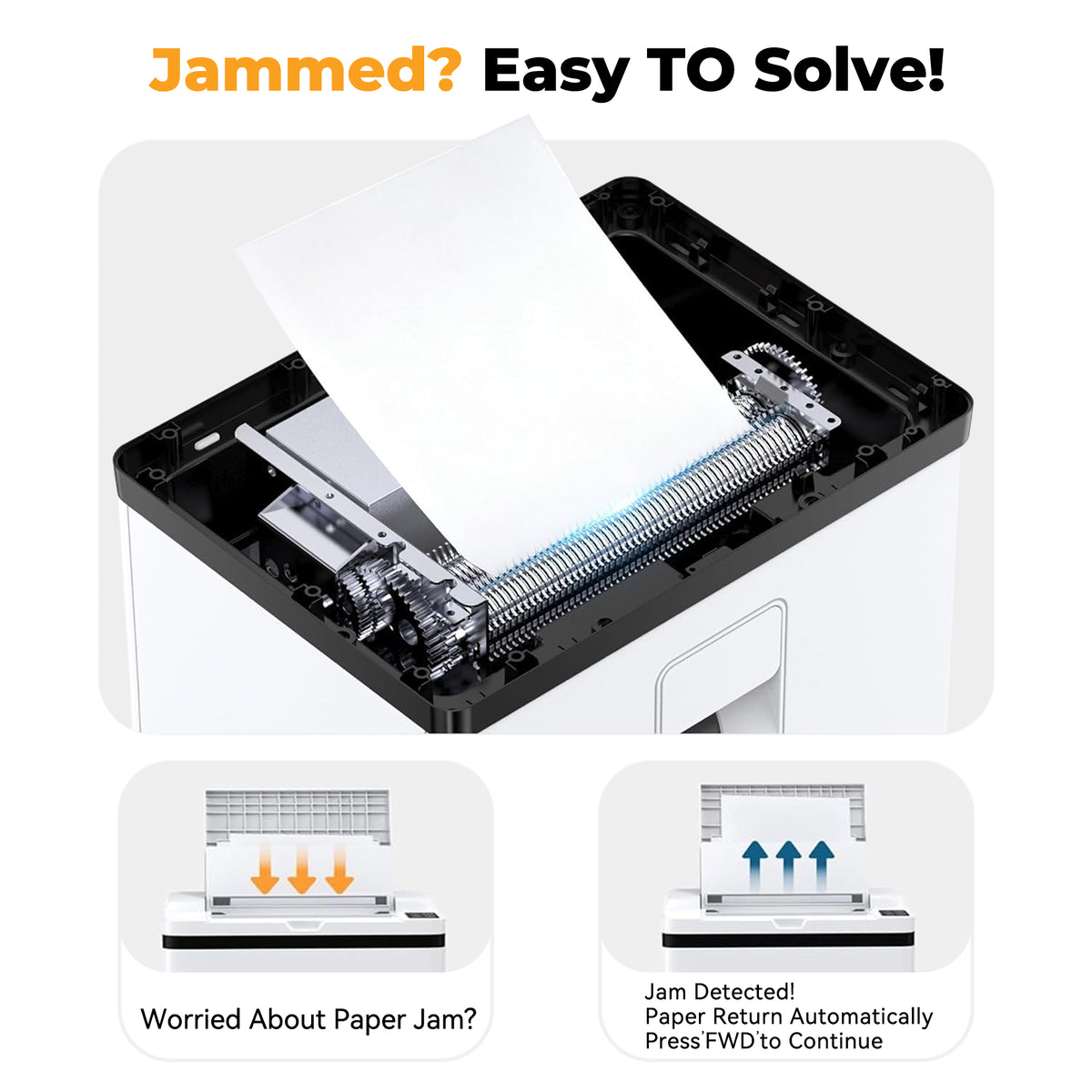 QuietLemon OL288 paper-jam detection and automatic reverse guide