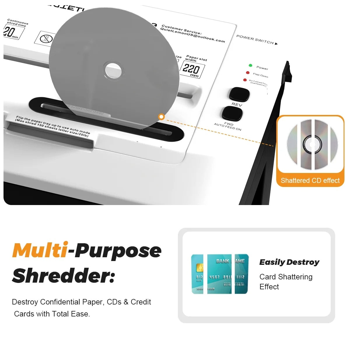Quietlemon 150-Sheet Auto Feed P-5 Micro-Cut Shredder: 60-Min Run, CD/Card, 5.3G Bin(OL289)