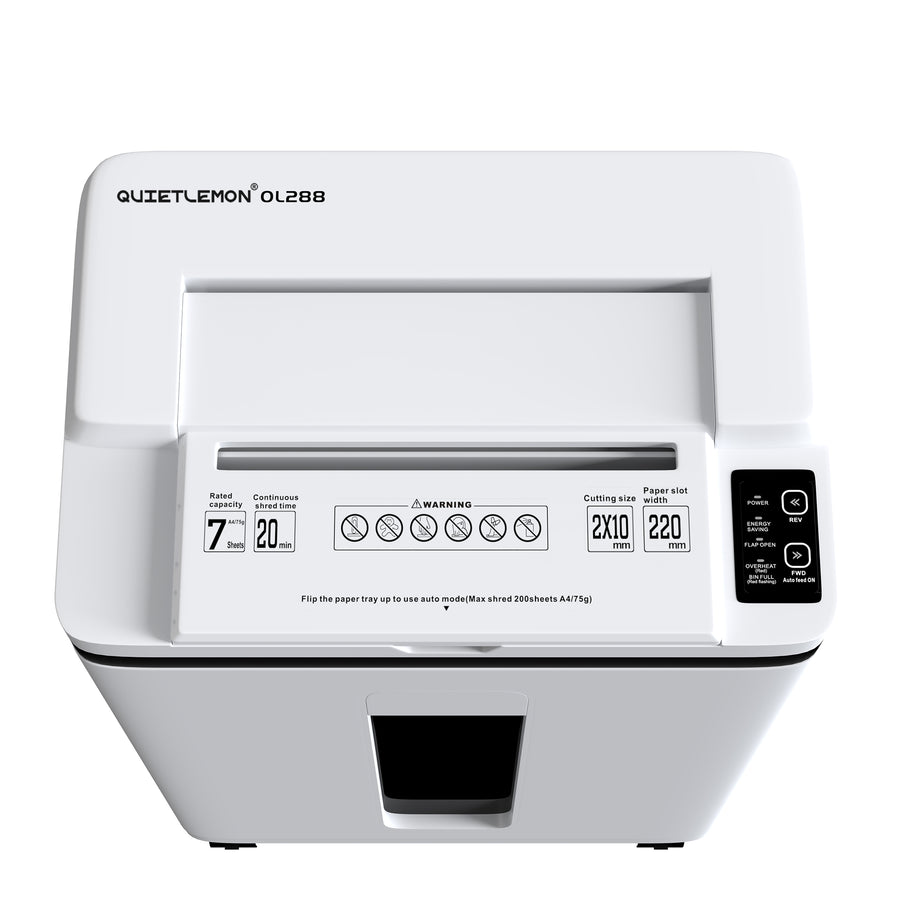 QuietLemon OL288 200-sheet auto-feed shredder front view with control panel