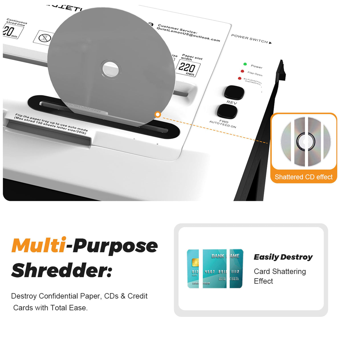QuietLemon OL289 multi-purpose shredder for paper, CDs and credit cards