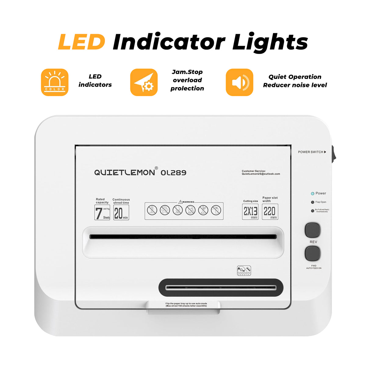 QuietLemon OL289 control panel indicators for paper, card and CD shredding